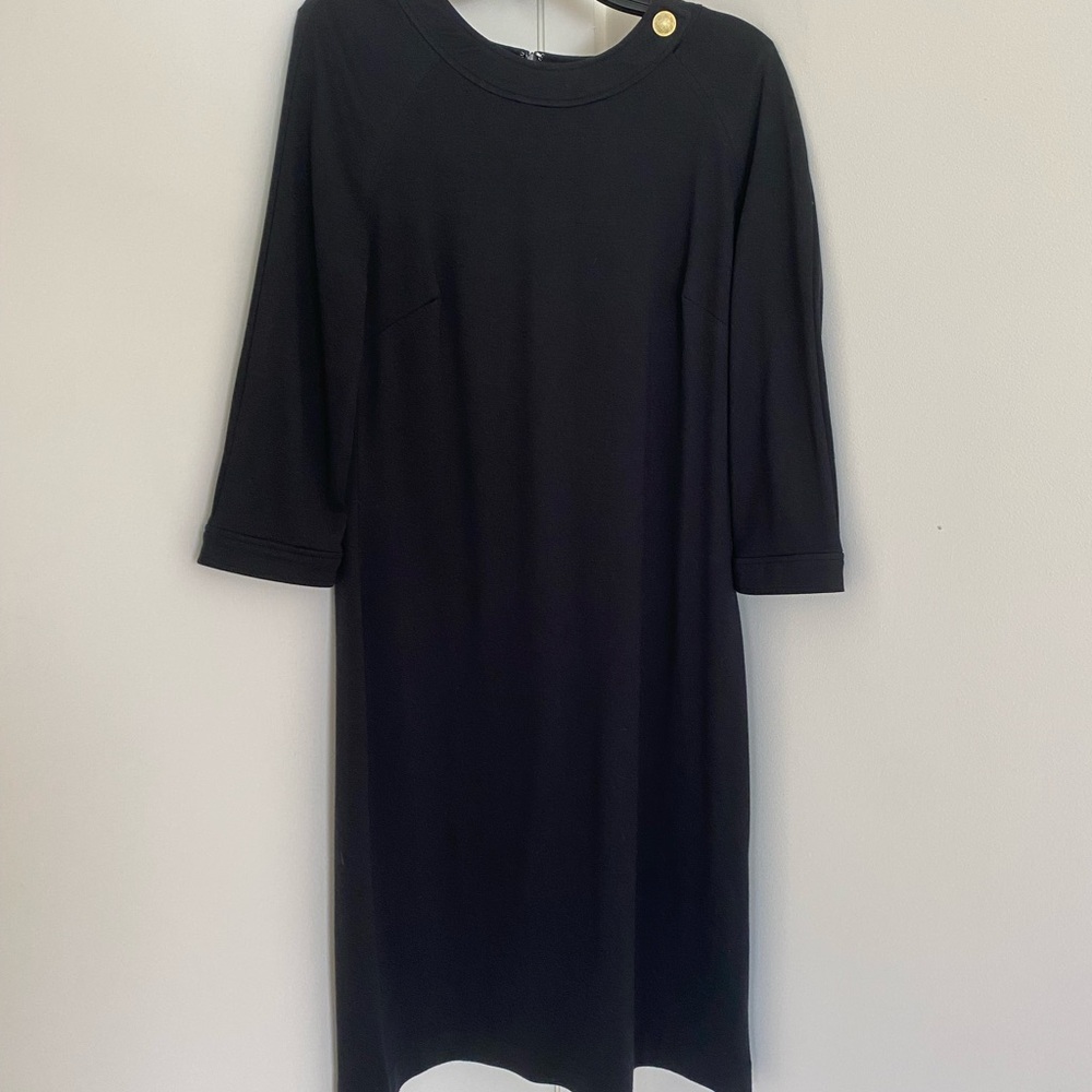 Minimalist Knit Black Sheath Dress 3/4 sleeves gold button capsule LBD Classic